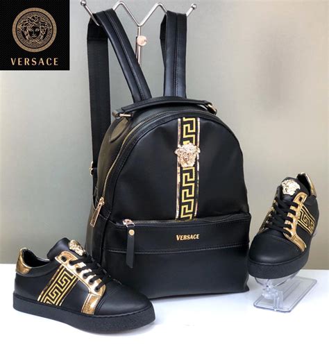 versace jeans backpack in black with large logo|versace gift set with backpack.